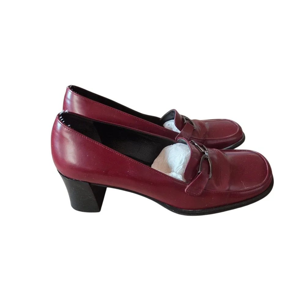 Via‎ Spiga Red Leather Horsebit Loafers Women's 7.5 Block Heel Made in Italy